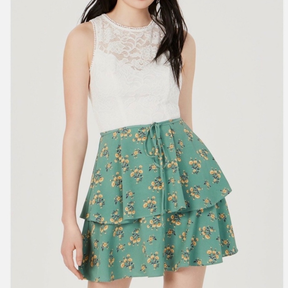 Teeze Me Junior Womens 3/4 Green Ivory Lace Floral Print Fit Flare Dress NWT